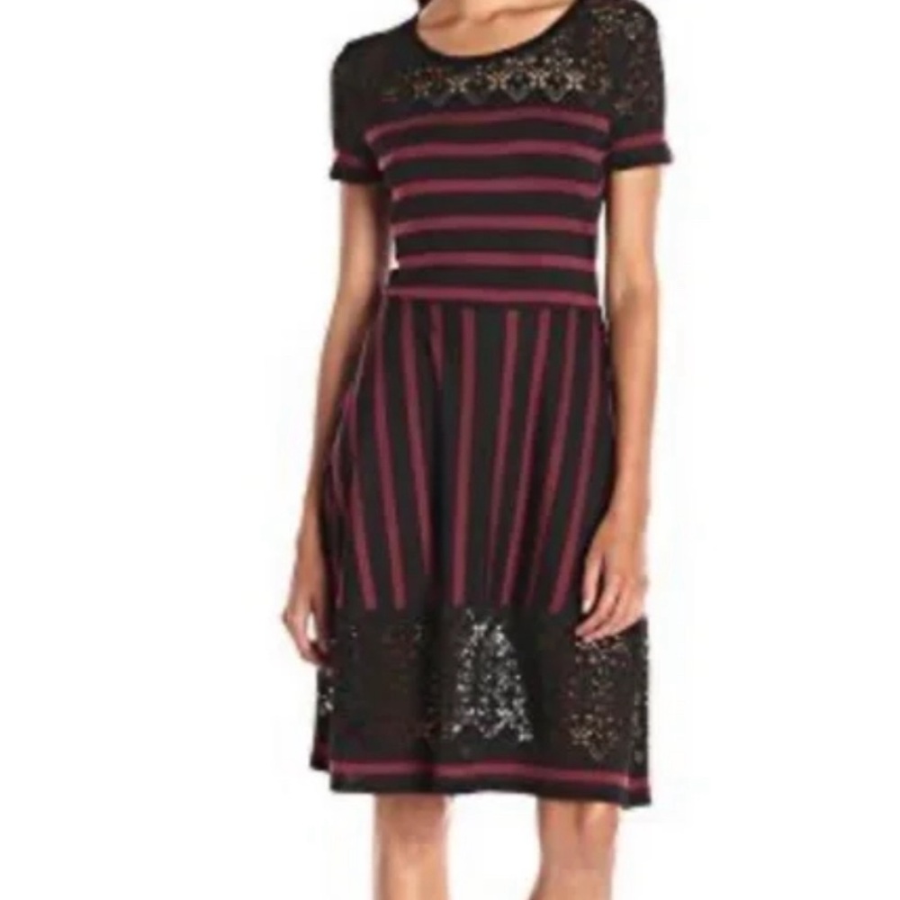 BCBG MAXAZRIA Burgundy and Black striped casual dress with lace details